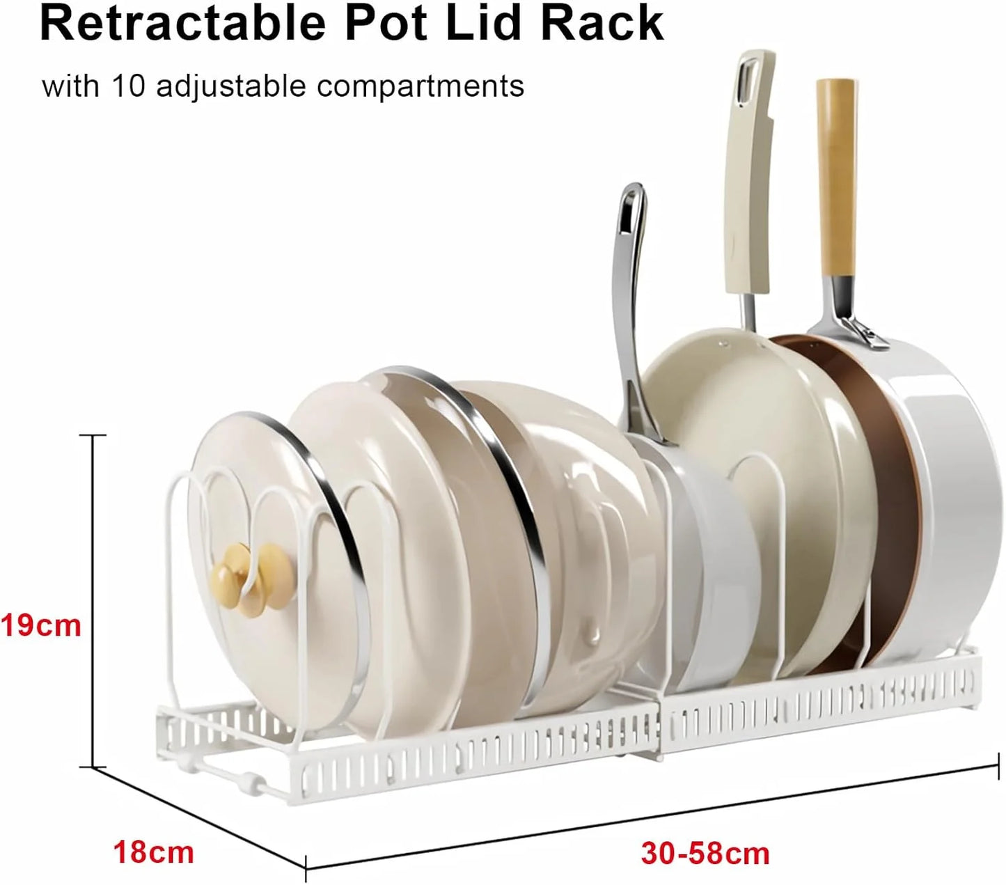 Expandable Pans Organiser Rack, 10 Adjustable Compartments, Pantry Cupboard Bakeware Lid Plate Holders, White
