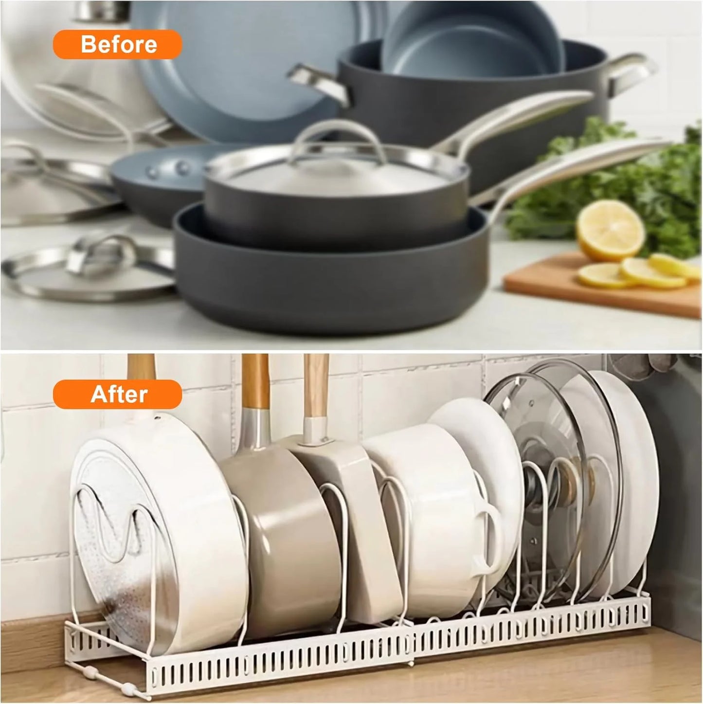 Expandable Pans Organiser Rack, 10 Adjustable Compartments, Pantry Cupboard Bakeware Lid Plate Holders, White