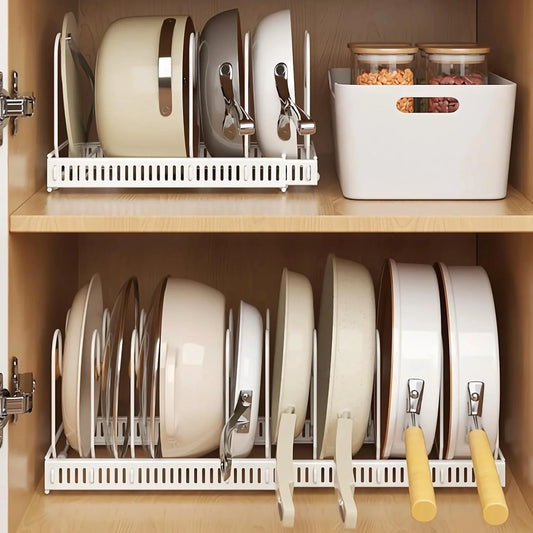 Expandable Pans Organiser Rack, 10 Adjustable Compartments, Pantry Cupboard Bakeware Lid Plate Holders, White
